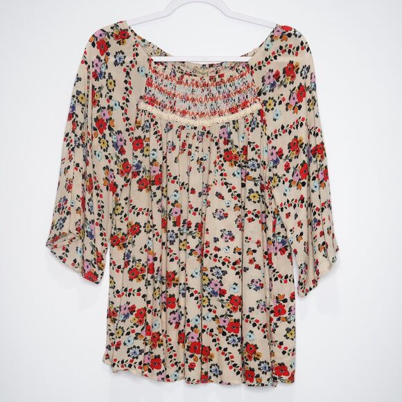 Democracy Womens Blouse Medium Red Beige Floral‎ Long Sleeve Boho Feminine Flowy - Picture 1 of 6